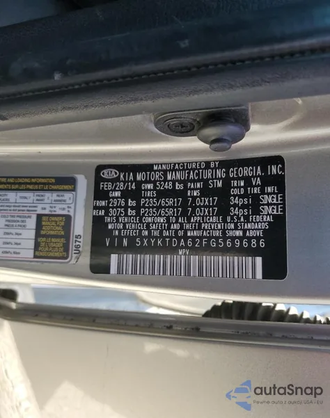 2015 Kia Sorento Lx from USA, damaged, VIN 5XYKTDA62FG569686